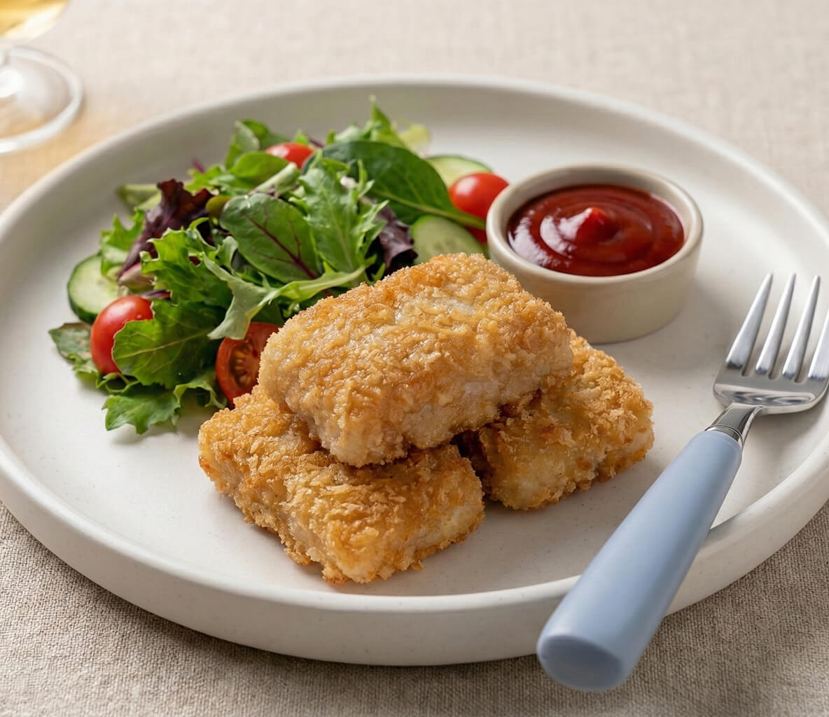 Nugget de merluza cocinado con ensalada